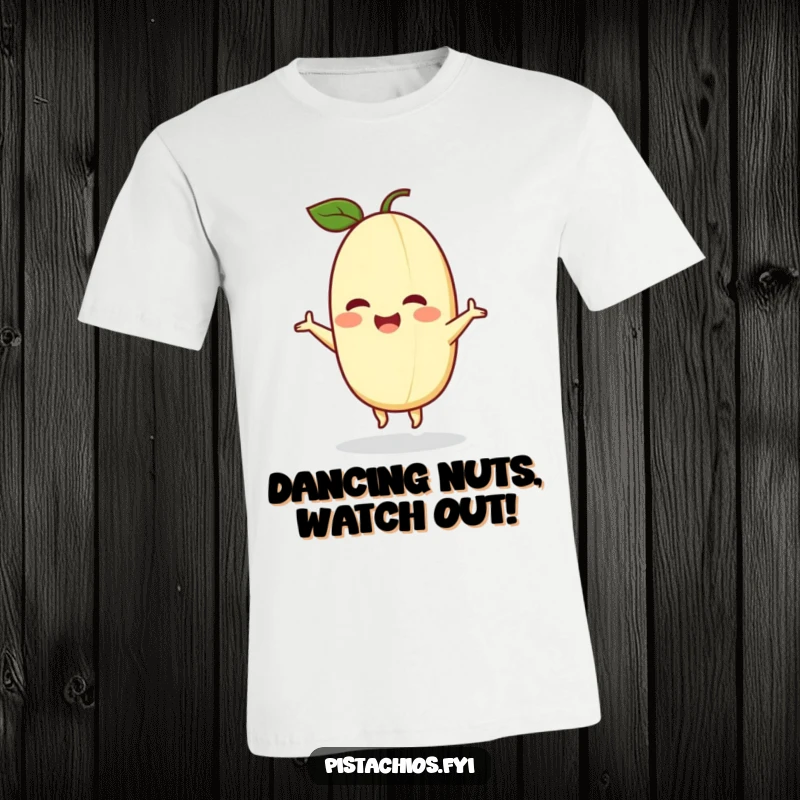 Funny t-shirt depicting a delighted pistachio character in mid-dance, capturing pure happiness and energetic, joyful movement.