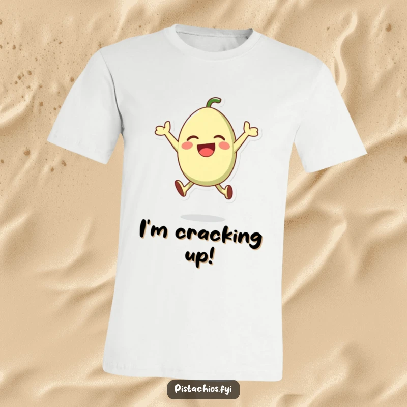 Funny t-shirt depicting a happy pistachio character jumping joyfully in the air, embodying excitement for snacks.