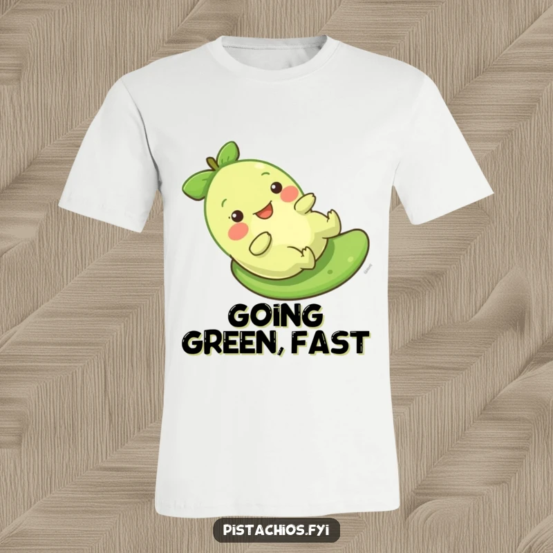 Funny Pistachio T-Shirt depicting a character sliding gleefully down a smooth surface, capturing pure fun.