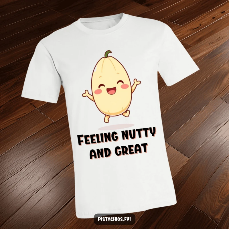 Funny pistachio t-shirt featuring a joyful character in a happy hopping pose. A humorous and delightful gift for pistachio lovers.