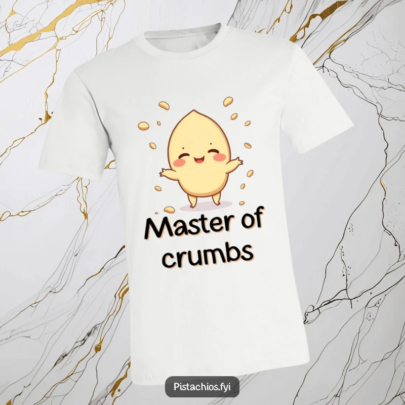 Funny t-shirt with a pistachio character giggling while juggling small crumbs, embodying playful chaos.