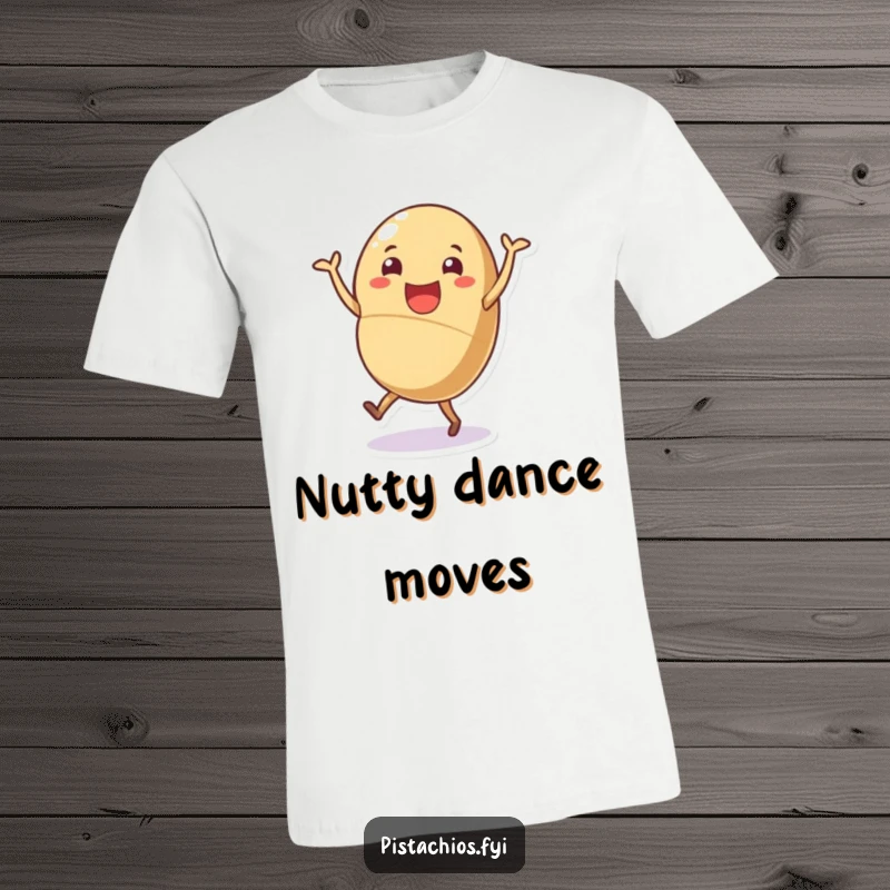 Funny nutty dance t-shirt, a cheerful shelled nut character doing a joyful little dance, showcasing energetic fun and humor.