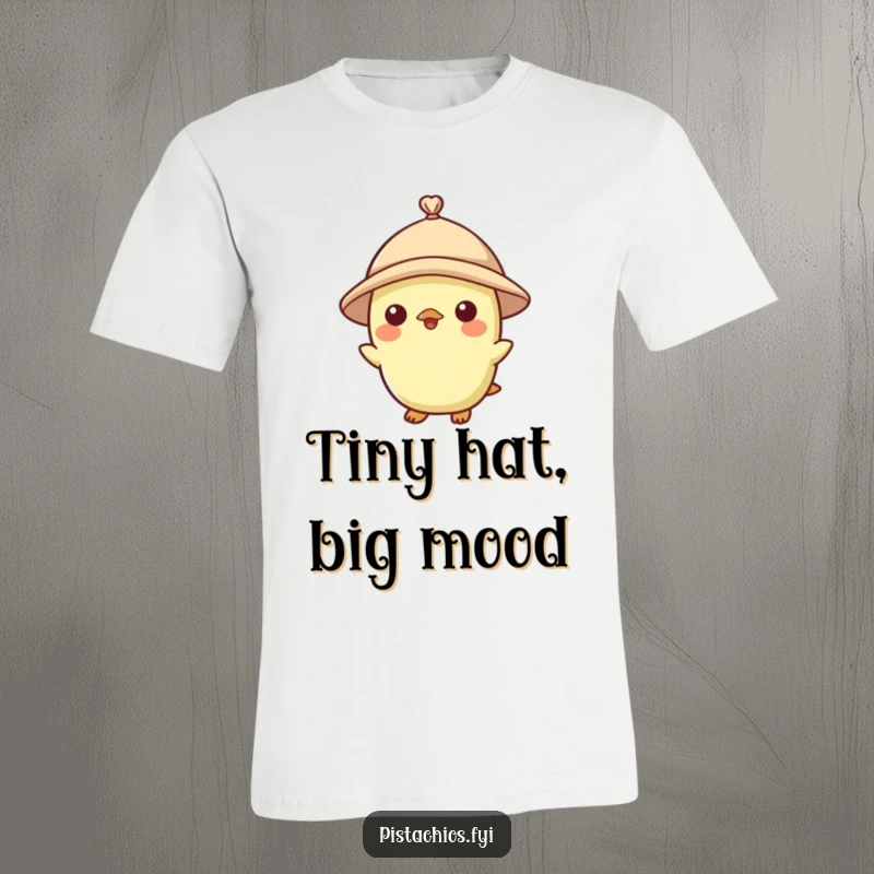Funny t-shirt showcasing a pistachio character looking dapper and amusing in a tiny, fashionable hat.