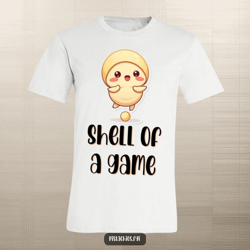 Funny t-shirt print of a pistachio character actively bouncing a small ball with its shell, demonstrating focus and agility.