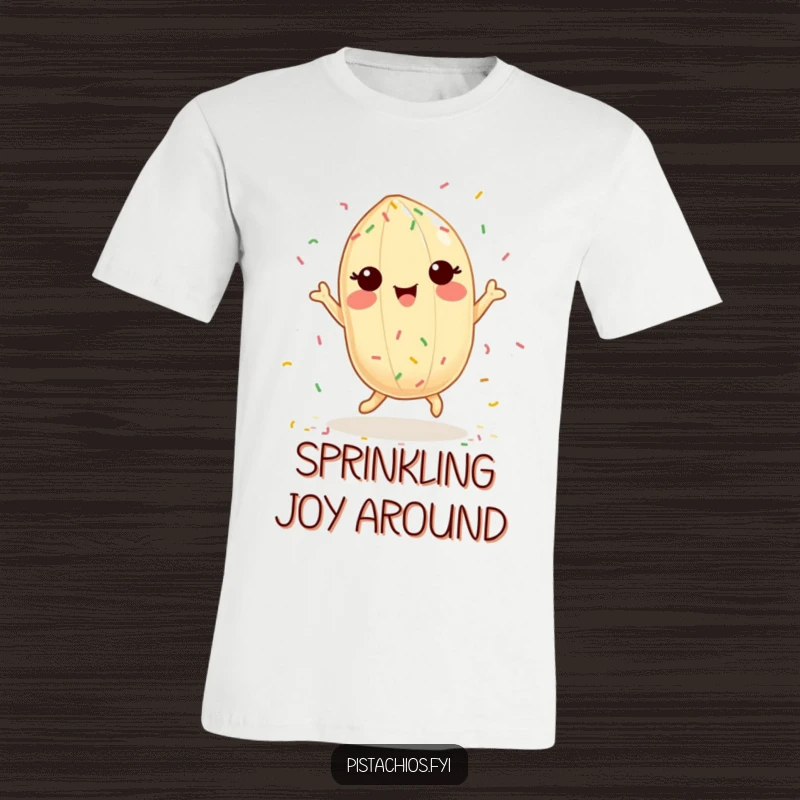 Funny t-shirt print of a delighted pistachio character dancing exuberantly with small, colorful sprinkles, showcasing pure bliss.