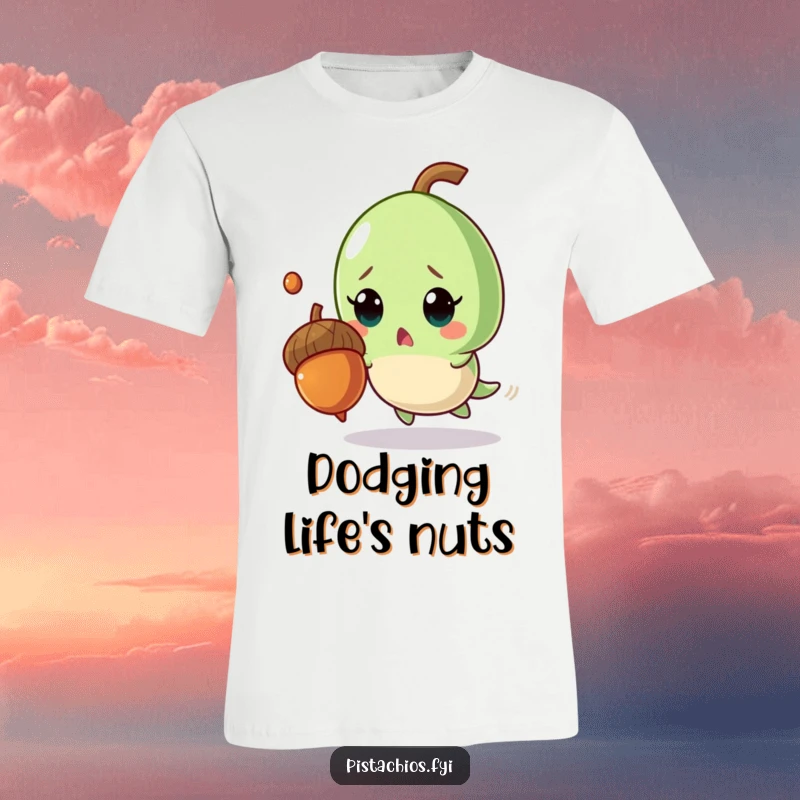 Funny t-shirt print of a surprised pistachio character narrowly escaping a falling acorn, emphasizing its wide-eyed panic.