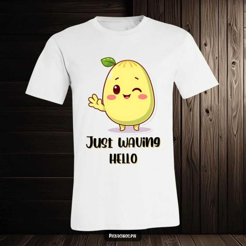 Funny T-Shirt with a happy pistachio character waving hello. A delightful funny gift for snack lovers and those with a quirky sense of humor.