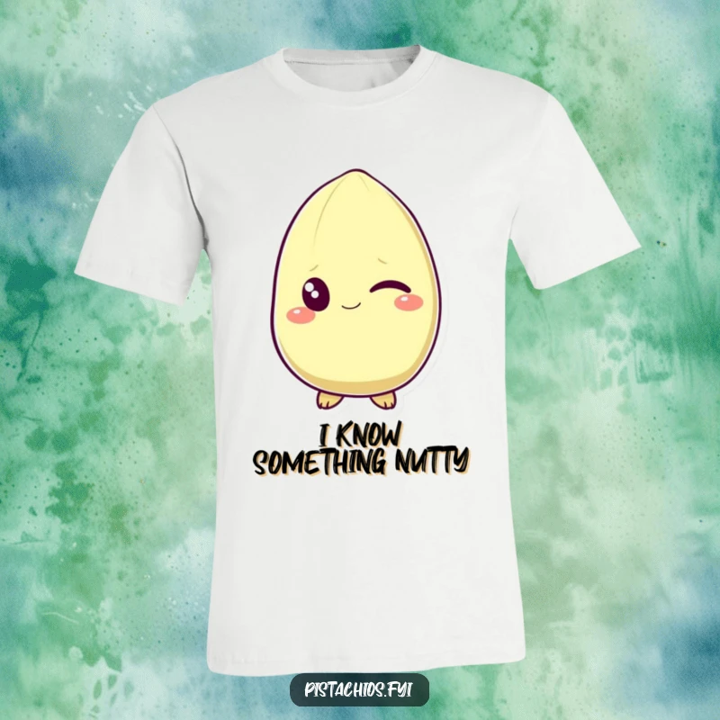 Funny T-Shirt showing a pistachio character winking mischievously with a slight grin. This apparel is ideal for expressing a fun, playful, and knowing attitude.