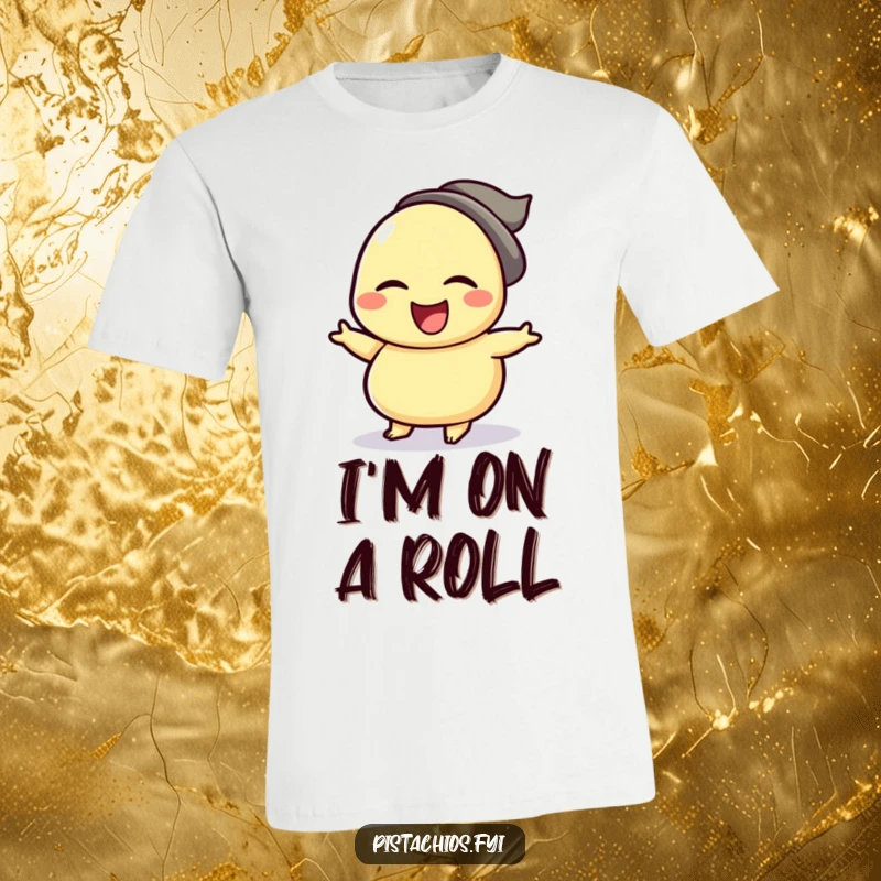 Funny t-shirt showcasing a winking cashew character in motion, doing an energetic and joyful celebratory jig, full of nutty enthusiasm.