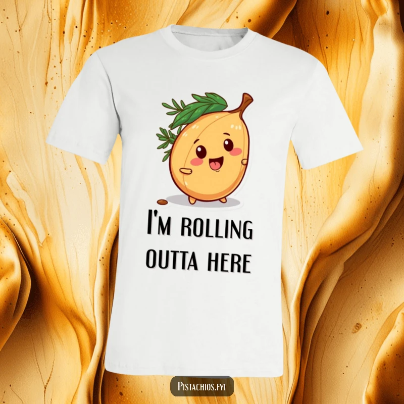 Funny t-shirt design of a mischievous pine nut character playfully rolling away, conveying a sense of fun and freedom.