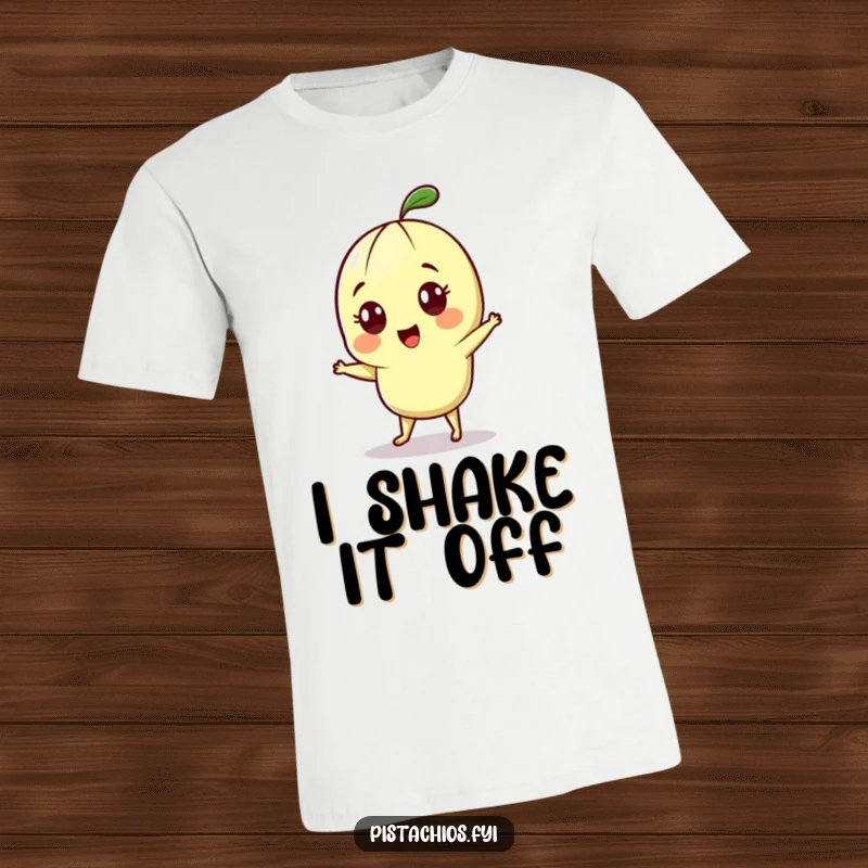 Funny t-shirt depicting a delighted pistachio character with wide, excited eyes, caught in a fun, energetic dance.