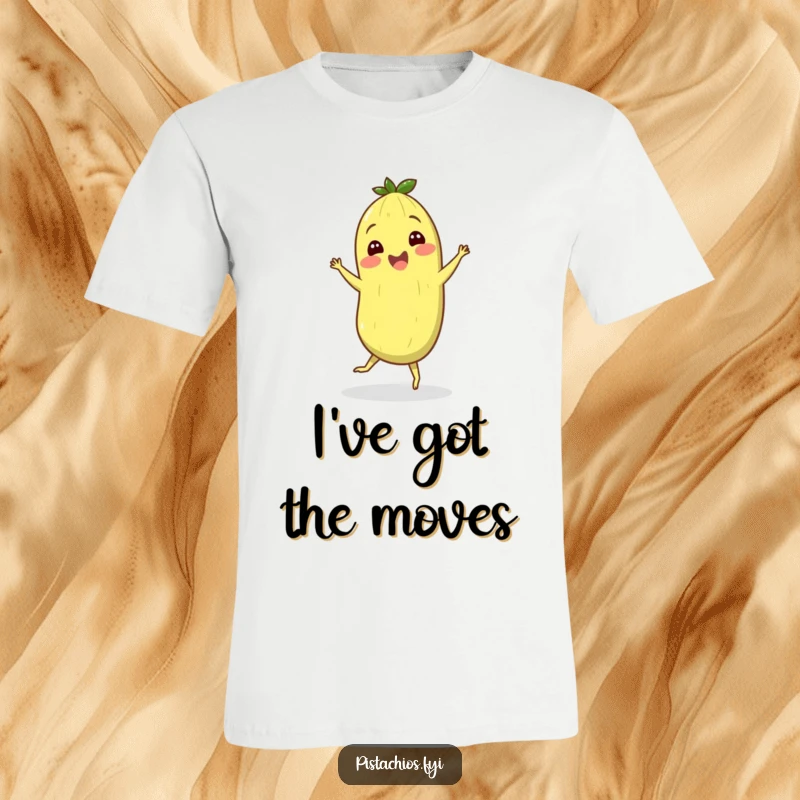 Funny t-shirt depicting a cheerful pistachio character doing a silly jig with pure joy and energetic dance steps.
