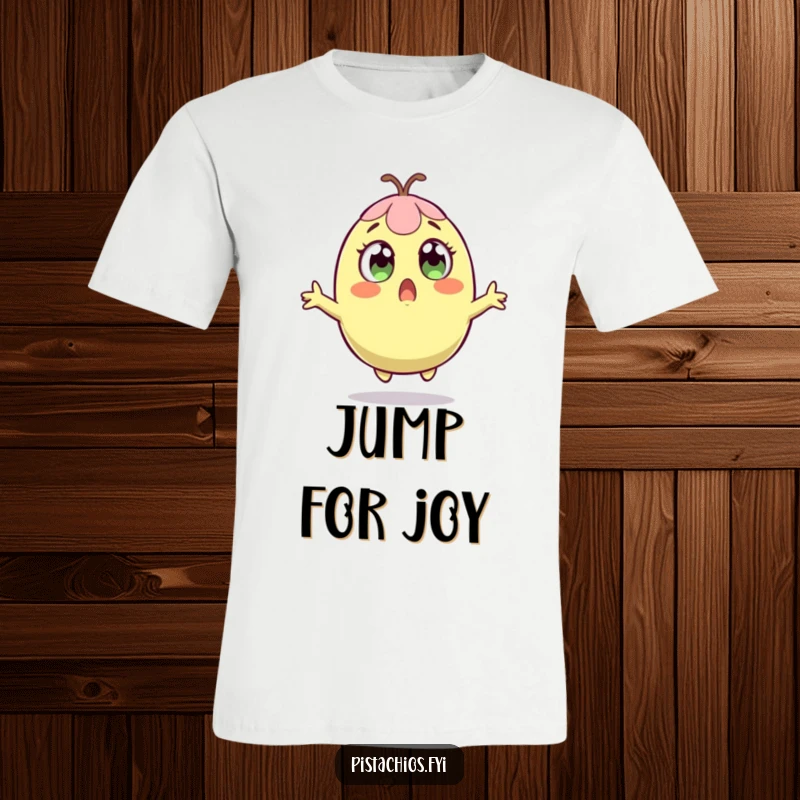 Funny t-shirt with a pistachio character leaping upwards with wide eyes, conveying surprise and excitement.