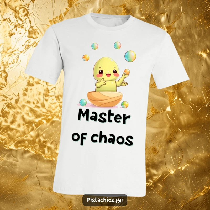 Funny t-shirt: a pistachio nut expertly juggling small shiny marbles with remarkable precision and flair.