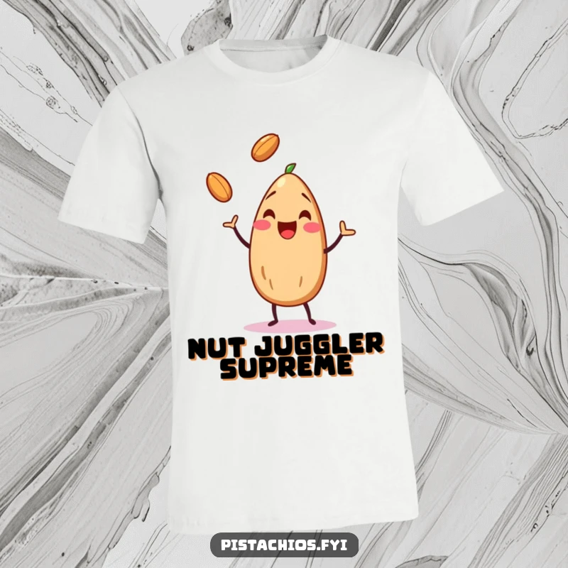 Funny almond character in the act of juggling three small nuts with glee, showcased on a fun t-shirt.
