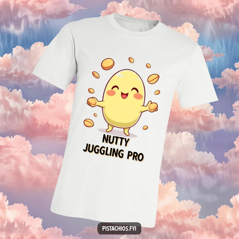 Funny Pistachio T-Shirt featuring a happy character expertly juggling tiny nut shells, perfect for a laugh.