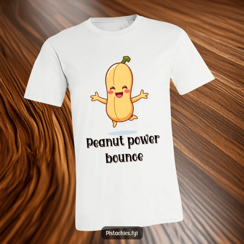 Funny smiling peanut character joyfully jumping high in the air, designed for energetic and humorous apparel.