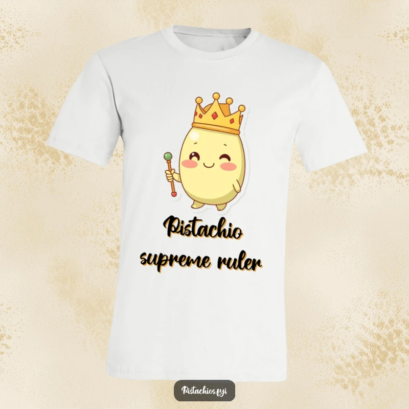 Funny pistachio character adorned with a miniature crown and scepter, embodying playful authority on a t-shirt.