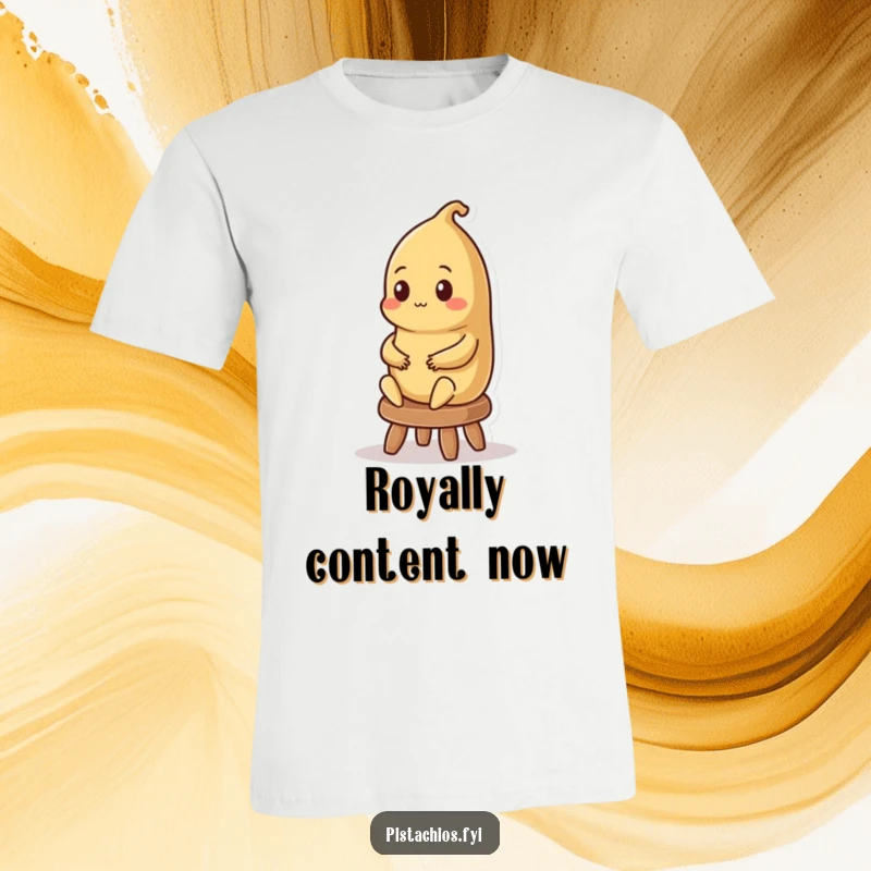 Funny t-shirt design of a contented Brazil nut character seated regally on a stool, representing royalty and peace.