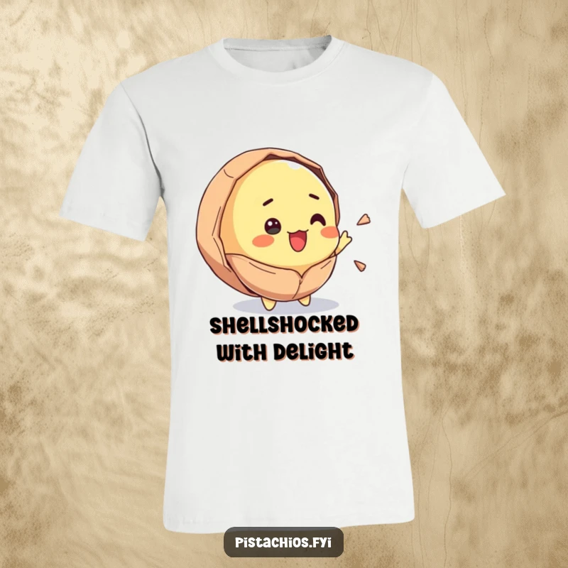 Funny T-Shirt showing a pistachio character bursting open with surprised joy. This apparel captures a moment of hilarious, delightful astonishment.