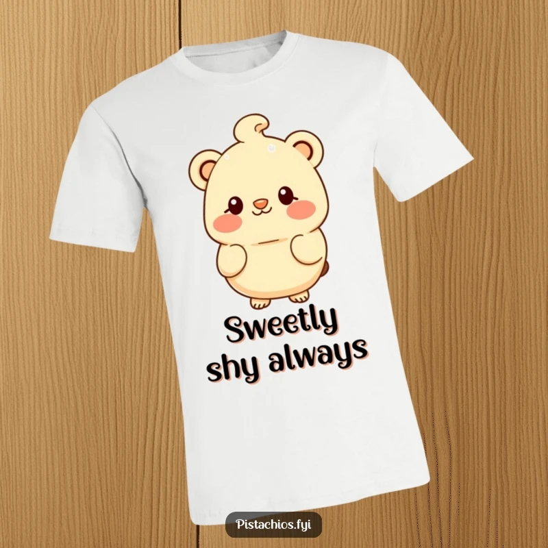 Funny t-shirt design of a blushing macadamia nut character offering a sweet, shy smile, embodying cuteness.