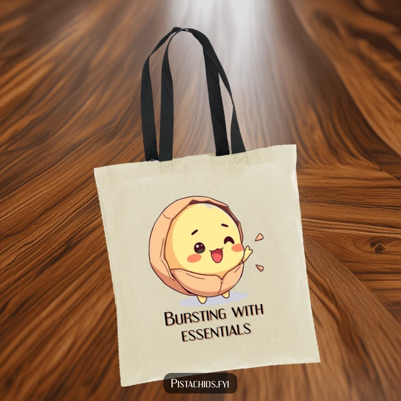 Funny tote bag with a pistachio character cracking open in surprise and joy. This humorous and practical bag is perfect for everyday use.