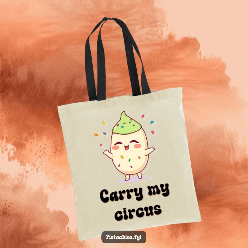Funny pistachio tote bag featuring a winking character juggling colorful sprinkles, ideal for carrying essentials with humor. A great funny gift.