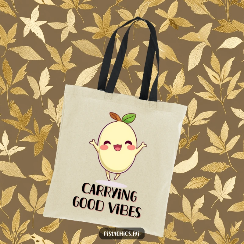 Funny tote bag with a pistachio character dancing joyfully, perfect for carrying essentials with a happy vibe.