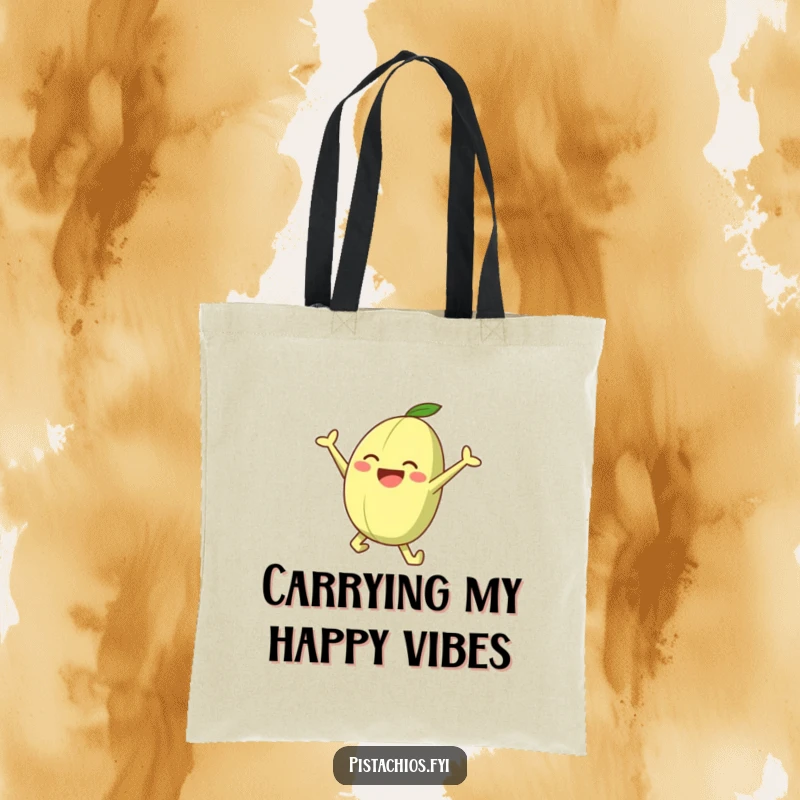 Funny tote bag with a happy, leaping pistachio character, designed for practicality and a touch of nutty humor.