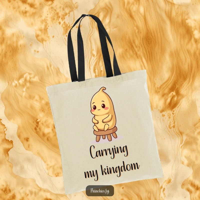 Funny tote bag displaying a contented Brazil nut character sitting regally on a stool, perfect for carrying essentials.