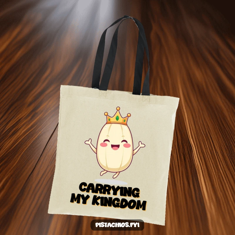 Funny tote bag features a delighted pistachio character wearing a tiny crown, captured mid-hop with immense, infectious joy.
