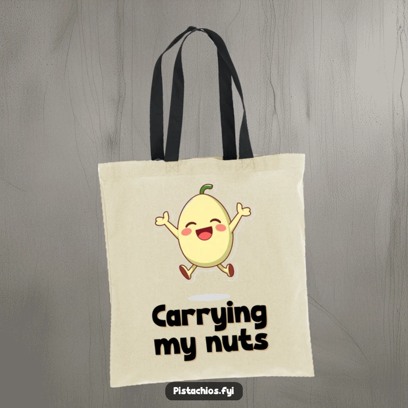 Funny tote bag featuring a happy pistachio character mid-leap, perfect for carrying groceries or daily essentials.