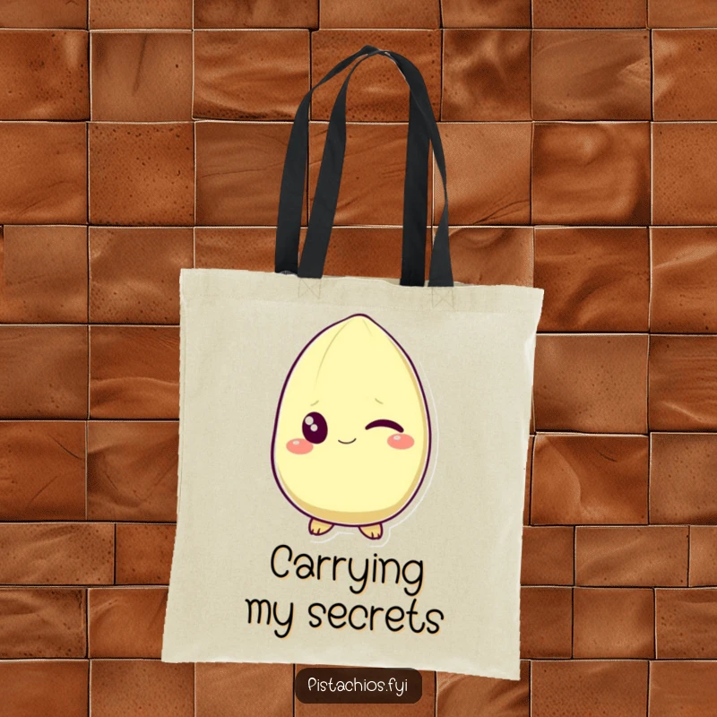 Funny tote bag with a pistachio character winking with a grin. This humorous and practical bag is ideal for carrying everyday items with a playful vibe.