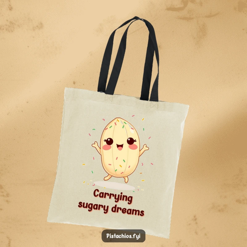 Funny tote bag with a delighted pistachio character joyfully dancing amongst colorful sprinkles, embodying celebration.