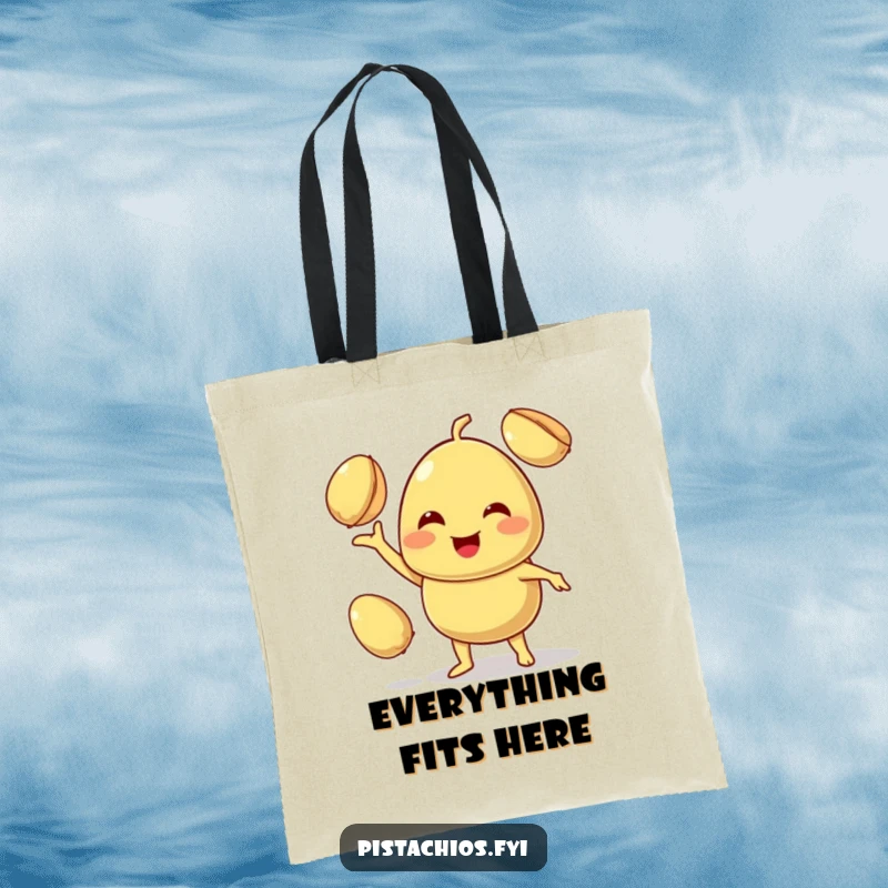 Funny tote bag displays a smiling pistachio character skillfully juggling two other pistachios with a happy, confident expression.