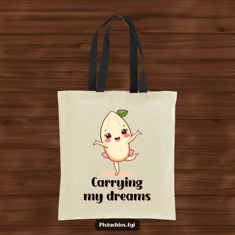 Funny tote bag featuring a happy almond character performing a graceful pirouette, ideal for daily use and adding nutty artistic flair.