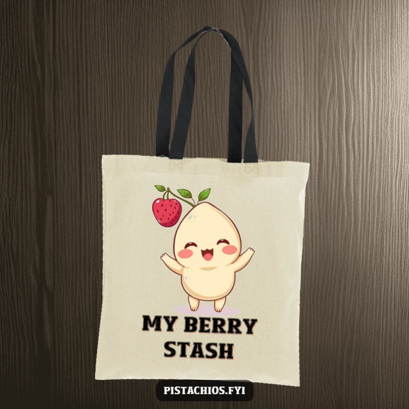 Funny tote bag showcasing a delighted cashew character balancing a single berry on its head, perfect for carrying essentials with flair.