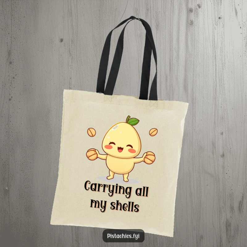 Funny tote bag with a cheerful pistachio character juggling shells. This humorous and practical bag is ideal for carrying essentials with a playful touch.