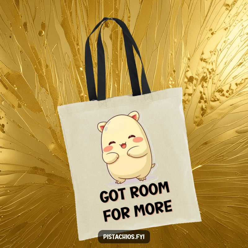 Funny tote bag showcasing a chubby pistachio character in a silly stretch, ideal for carrying items with a touch of humorous flexibility.
