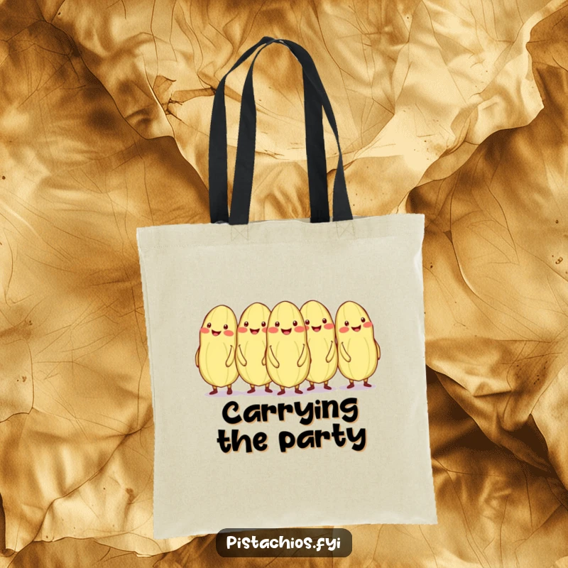 Funny conga line of smiling pistachios, one out of sync, on a tote bag.