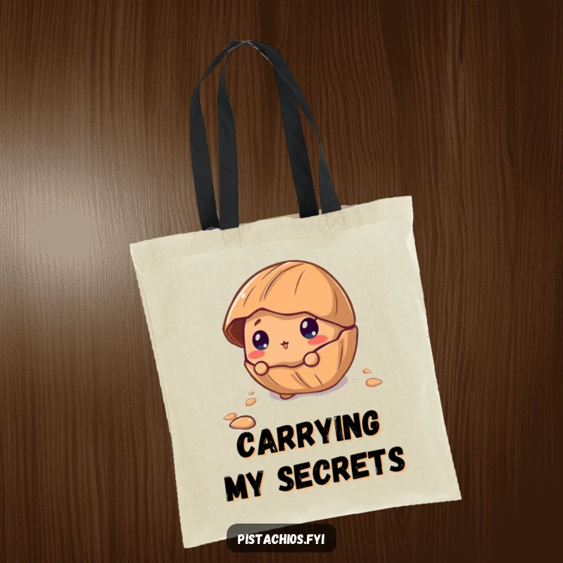 Funny Tote Bag featuring a curious pecan character peeking out from its cracked shell, ideal for carrying treasures and sparking conversations.