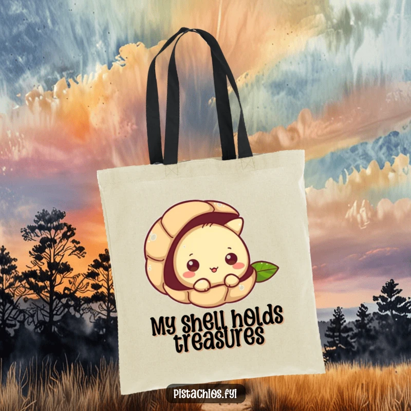 Funny tote bag with a pistachio character curiously peeking from its shell, perfect for carrying items with nutty charm.