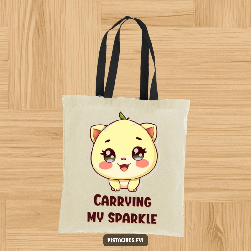 Funny tote bag depicting a delighted pistachio character with sparkling eyes, perfect for carrying items with nutty cheer.