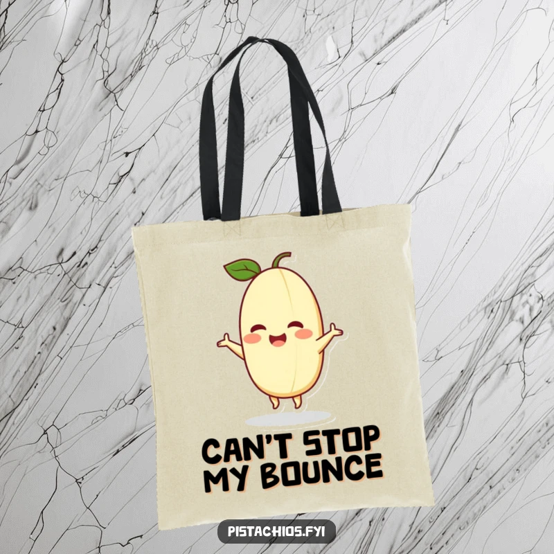 Funny tote bag with a delighted pistachio character joyfully dancing, ideal for carrying essentials with a dose of cheerful humor.