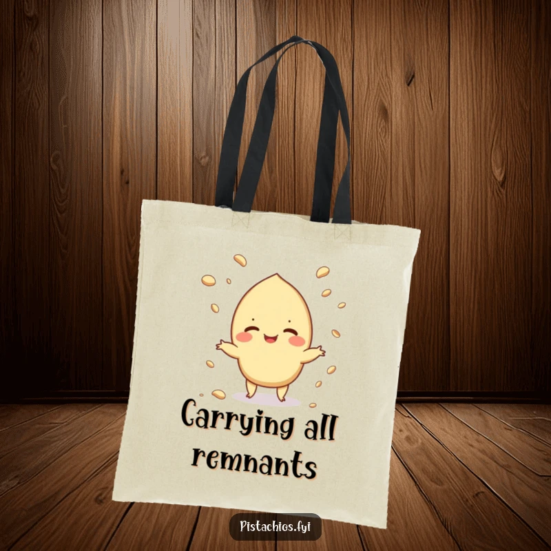 Funny tote bag with a pistachio character juggling crumbs, perfect for carrying essentials with a humorous, messy theme.