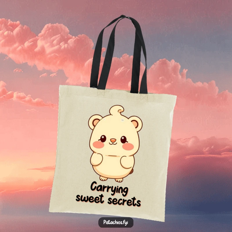 Funny tote bag displaying a blushing macadamia nut character with a shy smile, ideal for carrying daily items.