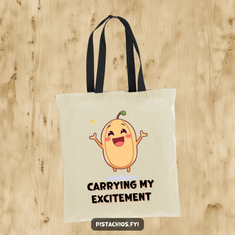 Funny nut tote bag displaying an excited nut character bouncing with pure joy, symbolizing happiness and boundless energy.