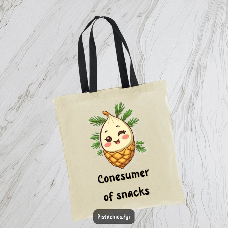 Funny Pine Nut Tote Bag: A happy pine nut character winking from its cone, offering a humorous and practical bag for daily use.