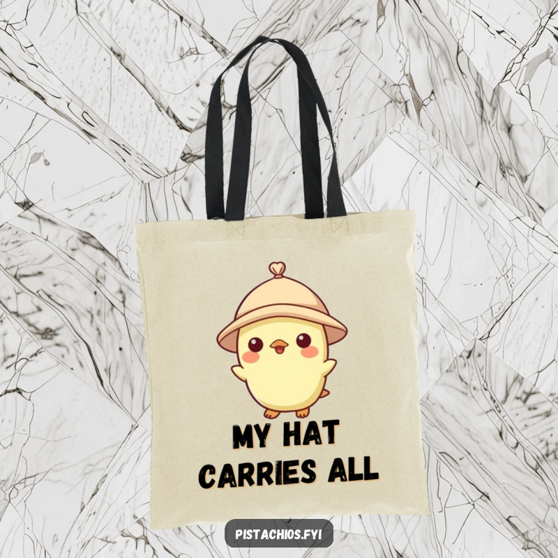 Funny tote bag showcasing a pistachio character elegantly wearing a tiny hat, perfect for carrying essentials with flair.