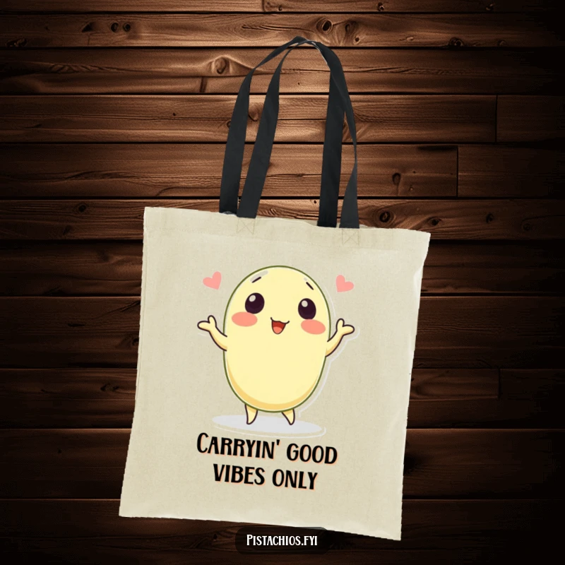 Funny tote bag with a happy pistachio character grooving. This practical and humorous accessory is ideal for carrying essentials with a smile.